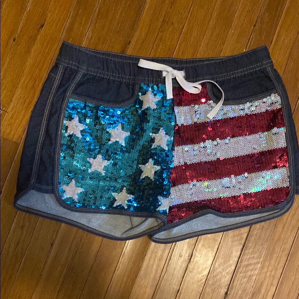 Juicy Couture Blue and Red Jean Shorts with Sequin Flag Design Woman Small